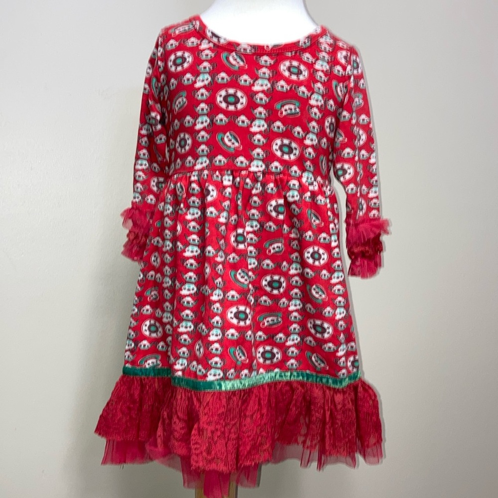 April Cornell tea cup tea pot green red lace hem dress size 2